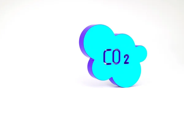 Emissioni di CO2 turchese nell'icona della nuvola isolata su sfondo bianco. Formula anidride carbonica, concetto di inquinamento da smog, concetto di ambiente. Concetto minimalista. Illustrazione 3d rendering 3D — Foto Stock