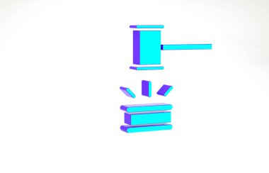 Turkuaz Yargıç Tokmak simgesi beyaz arka planda izole edildi. Gavel cezaların, faturaların, mahkemenin, adaletin hükmünü verecek. Açık arttırma çekici. Minimalizm kavramı. 3d illüstrasyon 3B canlandırma