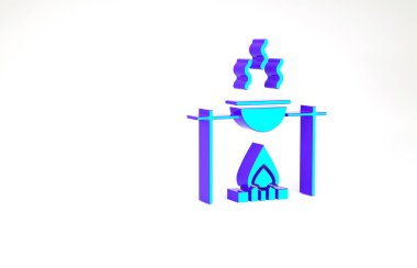 Turkuaz Kamp Ateşi ve tencere ikonu beyaz arka planda izole edilmiş. Ateş kampı, yakacak odun ve alevlerin üzerinde kazanda pişiyor. Minimalizm kavramı. 3d illüstrasyon 3B canlandırma