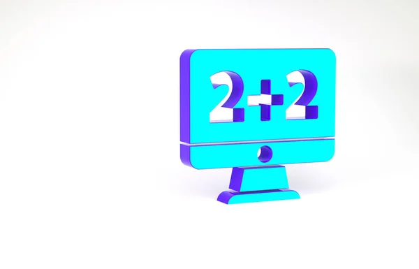 Tyrkysový matematický systém řešení rovnic na ikoně monitoru počítače izolované na bílém pozadí. Minimalismus. 3D ilustrace 3D vykreslení — Stock fotografie