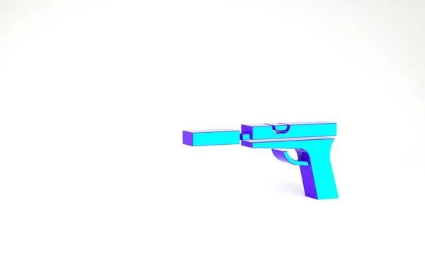Бирюзовый пистолет или пистолет с иконкой глушителя изолирован на белом фоне. Концепция минимализма. 3D-рендеринг — стоковое фото