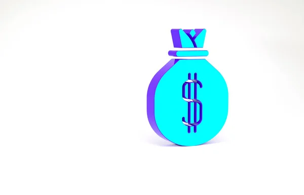 Ícone turquesa saco de dinheiro isolado no fundo branco. Dólar ou símbolo USD. Cash Banking sinal de moeda. Conceito de minimalismo. 3D ilustração 3D render — Fotografia de Stock