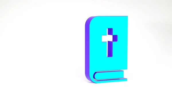 Icono de libro de la Biblia Santa Turquesa aislado sobre fondo blanco. Concepto minimalista. 3D ilustración 3D render —  Fotos de Stock