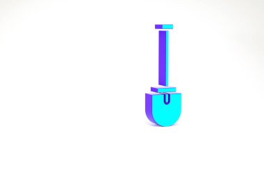 Turkuaz kürek simgesi beyaz arkaplanda izole edildi. Bahçe aletleri. Bahçecilik, tarım, çiftçilik aleti. Minimalizm kavramı. 3d illüstrasyon 3B canlandırma