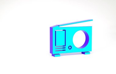 Beyaz zemin üzerinde anten simgesi olan turkuaz radyo. Minimalizm kavramı. 3d illüstrasyon 3B canlandırma