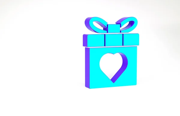 Scatola regalo turchese e icona del cuore isolato su sfondo bianco. 8 marzo. Giornata internazionale della donna felice. Concetto minimalista. Illustrazione 3d rendering 3D — Foto Stock