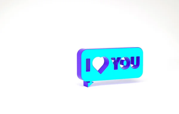 Turquoise Speech bańka z tekstem Kocham cię ikona izolowane na białym tle. 8 marca. Międzynarodowy Dzień Szczęśliwych Kobiet. Koncepcja minimalizmu. Ilustracja 3D 3D renderowania — Zdjęcie stockowe