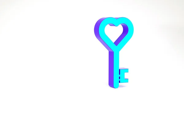 Τυρκουάζ Κλειδί σε σχήμα καρδιάς εικονίδιο που απομονώνεται σε λευκό φόντο. 8 Μαρτίου. Παγκόσμια Ημέρα Ευτυχισμένης Γυναίκας. Μινιμαλιστική έννοια. 3d απεικόνιση 3D καθιστούν — Φωτογραφία Αρχείου