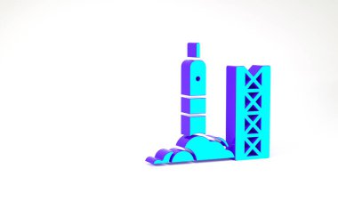 Beyaz arkaplanda izole edilmiş uzay simgesinden turkuaz roket fırlatması. Uzaya roket fırlatın. Minimalizm kavramı. 3d illüstrasyon 3B canlandırma