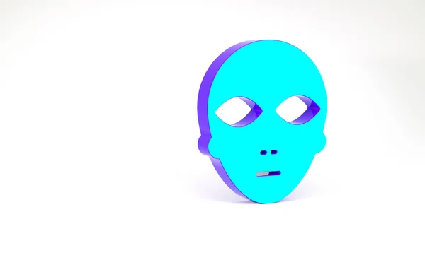 Turkusowa ikona Obcego odizolowana na białym tle. Kosmiczna obca twarz lub symbol głowy. Koncepcja minimalizmu. Ilustracja 3D 3D renderowania — Zdjęcie stockowe