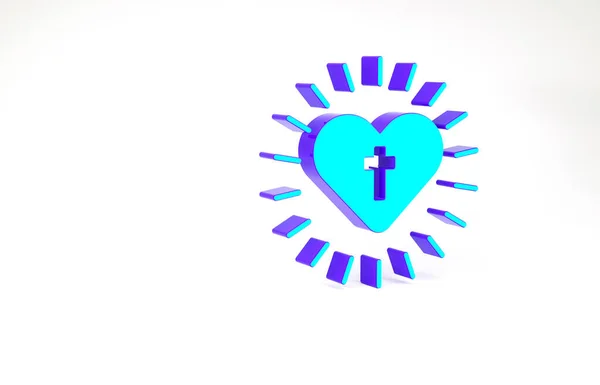 Turkoois christelijk kruis en hart pictogram geïsoleerd op witte achtergrond. Vrolijk Pasen. Minimalisme concept. 3d illustratie 3D renderen — Stockfoto