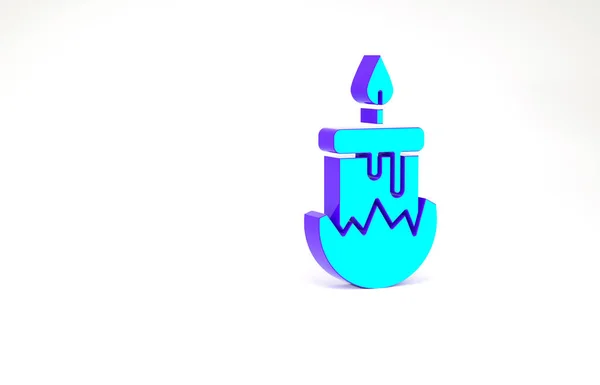 Turquesa Vela ardiente en el icono del candelero aislado sobre fondo blanco. Vara cilíndrica con llama ardiente. Concepto minimalista. 3D ilustración 3D render — Foto de Stock