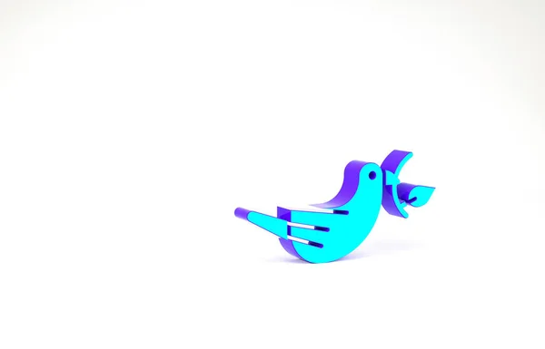 Turquoise Peace dove with olive branch icon isolated on white background. Happy Easter. Minimalism concept. 3d illustration 3D render