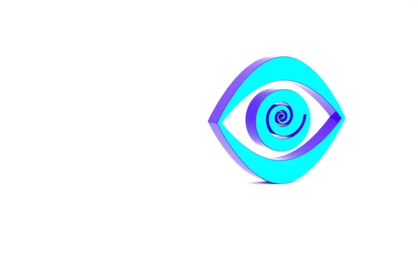 Turkusowa ikona hipnozy odizolowana na białym tle. Ludzkie oko ze spiralną, hipnotyczną tęczówką. Koncepcja minimalizmu. Ilustracja 3D 3D renderowania — Zdjęcie stockowe