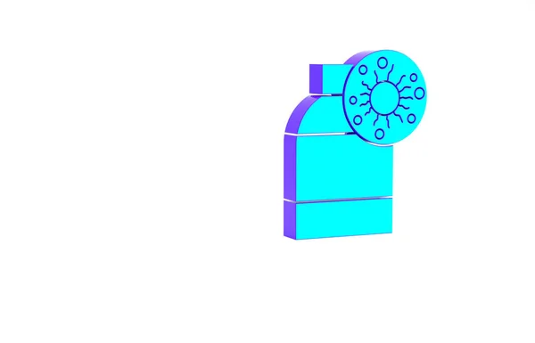 Türkis Flasche mit Virus und Bakterien Symbol isoliert auf weißem Hintergrund. Analyse Mikroorganismus, Forschung, Diagnose. Minimalismus-Konzept. 3D Illustration 3D Renderer — Stockfoto