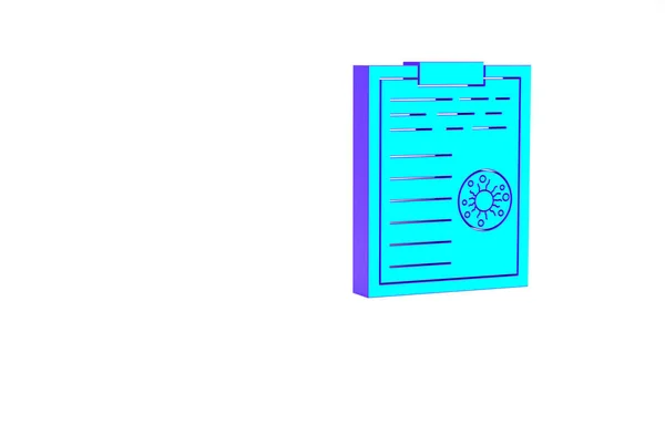 Clipboard médico turquesa com resultados de exames de sangue ícone isolado no fundo branco. Registro clínico, relatório de marcas de verificação médica. Conceito de minimalismo. 3D ilustração 3D render — Fotografia de Stock