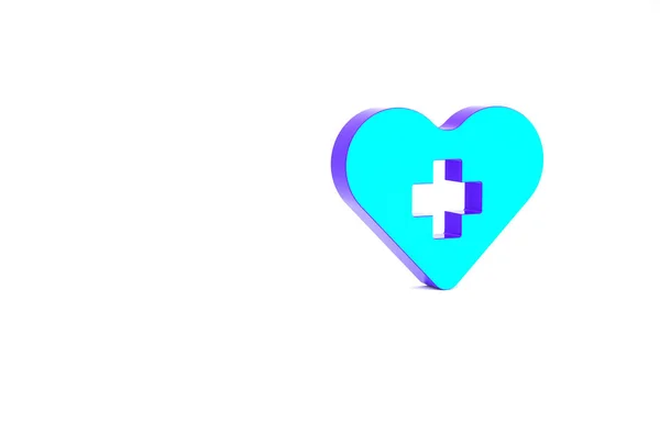 Turkoois Hart met een kruis pictogram geïsoleerd op witte achtergrond. Eerste hulp. Gezondheidszorg, medische en apotheek teken. Minimalisme concept. 3d illustratie 3D renderen — Stockfoto