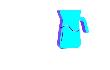 Beyaz zemin üzerinde su ikonu olan turkuaz sürahi bardakları. Su için çaydanlık. İçme suyu dolu cam sürahi. Minimalizm kavramı. 3d illüstrasyon 3B canlandırma