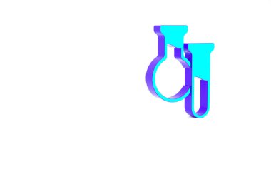 Turkuaz test tüpü ve beyaz arka planda izole edilmiş şişe ikonu. Kimyasal laboratuvar testi. Laboratuvar camları. Minimalizm kavramı. 3d illüstrasyon 3B canlandırma