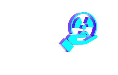 El simgesinde turkuaz radyoaktif beyaz arka planda izole edildi. Radyoaktif zehirli sembol. Radyasyon tehlikesi işareti. Minimalizm kavramı. 3d illüstrasyon 3B canlandırma