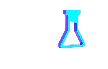 Turkuaz test tüpü ve beyaz arka planda izole edilmiş şişe ikonu. Kimyasal laboratuvar testi. Laboratuvar camları. Minimalizm kavramı. 3d illüstrasyon 3B canlandırma