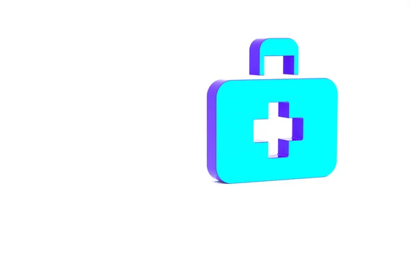 Turkusowy zestaw pierwszej pomocy ikona izolowana na białym tle. Skrzynka medyczna z krzyżem. Sprzęt medyczny na wszelki wypadek. Koncepcja opieki zdrowotnej. Koncepcja minimalizmu. Ilustracja 3D 3D renderowania — Zdjęcie stockowe