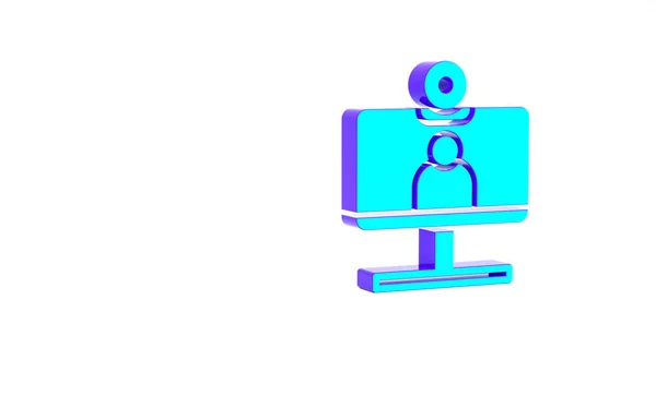 Turquesa Icono de videoconferencia de chat aislado sobre fondo blanco. Ordenador con interfaz de chat de vídeo sesión activa en pantalla. Concepto minimalista. 3D ilustración 3D render —  Fotos de Stock