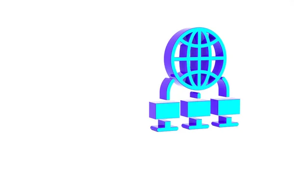 Icono de red de computadora turquesa aislado sobre fondo blanco. Red de computadoras portátiles. Conexión a Internet. Concepto minimalista. 3D ilustración 3D render — Foto de Stock