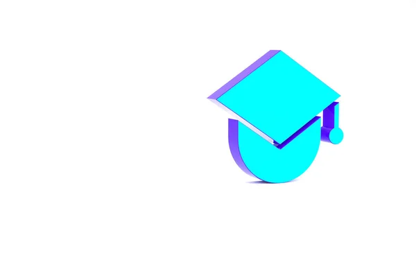 ターコイズ白い背景に隔離された地球のアイコン上の卒業キャップ。世界教育のシンボル。オンライン学習やeラーニングの概念。最小限の概念。3Dイラスト3Dレンダリング — ストック写真