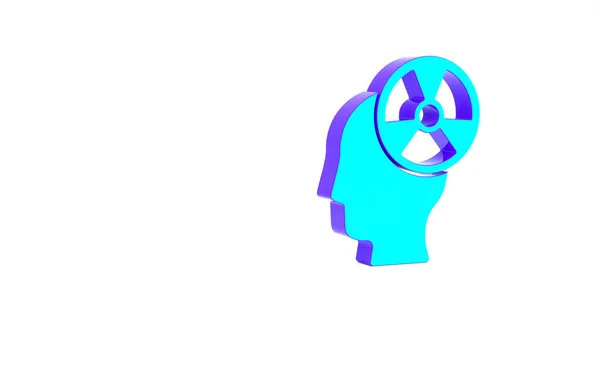 Silueta turquesa de una cabeza humana y un icono de símbolo de radiación aislado sobre fondo blanco. Concepto minimalista. 3D ilustración 3D render —  Fotos de Stock