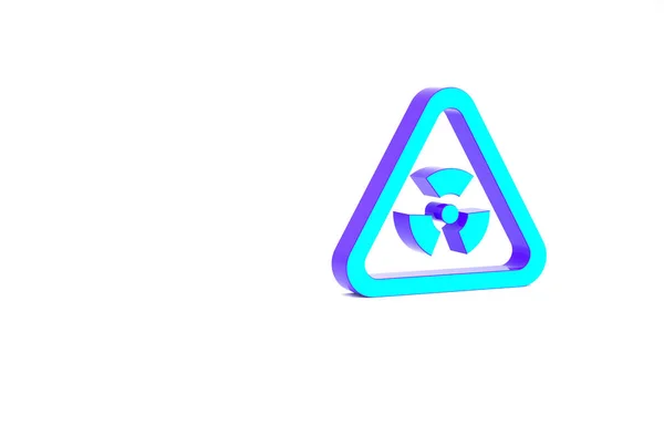 Знак бирюзового треугольника с символом радиации изолирован на белом фоне. Концепция минимализма. 3D-рендеринг — стоковое фото