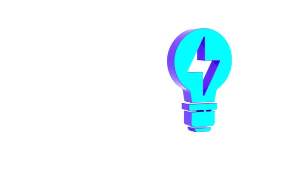 Turquoise Light bulb with lightning symbol icon isolated on white background. Light lamp sign. Idea symbol. Minimalism concept. 3d illustration 3D render — Stock Photo, Image