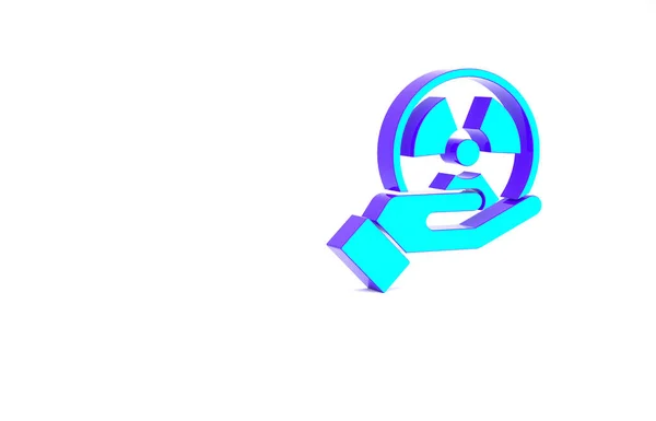 Turkos radioaktiv i handen ikon isolerad på vit bakgrund. Radioaktiv toxisk symbol. Strålningsrisk tecken. Minimalistiskt koncept. 3D-återgivning för 3D — Stockfoto