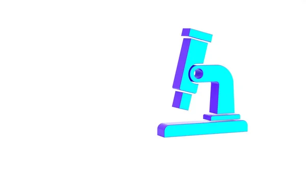 Icône de microscope turquoise isolée sur fond blanc. Chimie, instrument pharmaceutique, outil grossissant de microbiologie. Concept de minimalisme. Illustration 3D rendu 3D — Photo