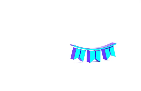 Guirlande de carnaval turquoise avec icône drapeaux isolés sur fond blanc. Pendentifs de fête pour la célébration d'anniversaire, décoration de festival. Concept de minimalisme. Illustration 3D rendu 3D — Photo