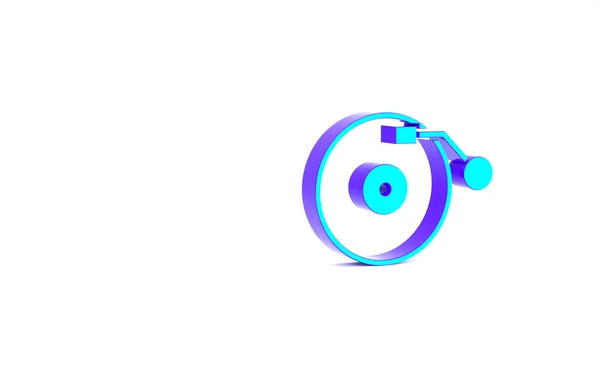Beyaz arkaplanda izole edilmiş vinil disk simgesine sahip turkuaz vinil çalar. Minimalizm kavramı. 3d illüstrasyon 3B canlandırma — Stok fotoğraf