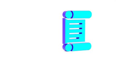 Turkuaz Karar, kağıt, parşömen, kaydırma simgesi beyaz arkaplanda izole edilmiş. Minimalizm kavramı. 3d illüstrasyon 3B canlandırma