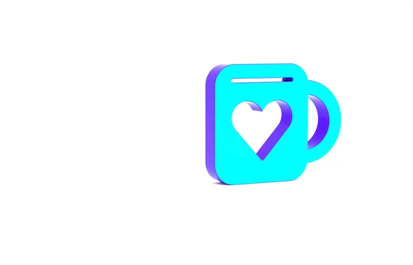 Turquoise Cangkir kopi dan jantung ikon terisolasi pada latar belakang putih. Kopi pasangan untuk pecinta pada Hari Valentine. Konsep minimalisme. Tampilan 3D ilustrasi 3d — Stok Foto