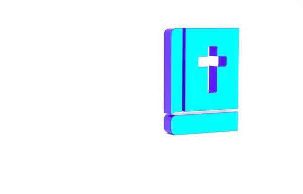 Icône de livre de bible sainte turquoise isolée sur fond blanc. Concept de minimalisme. Illustration 3D rendu 3D — Photo