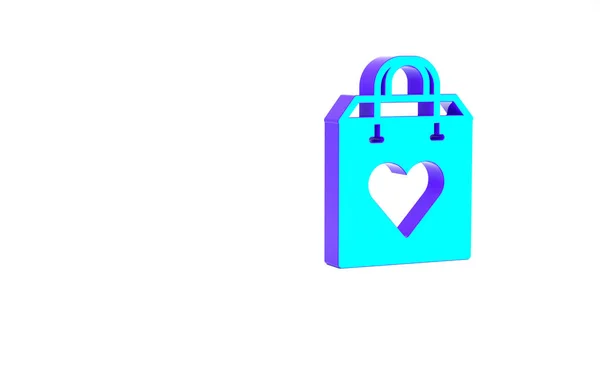 Borsa shopping turchese con icona del cuore isolata su sfondo bianco. Shopping bag negozio amore come icona del cuore. Simbolo di San Valentino. Concetto minimalista. Illustrazione 3d rendering 3D — Foto Stock