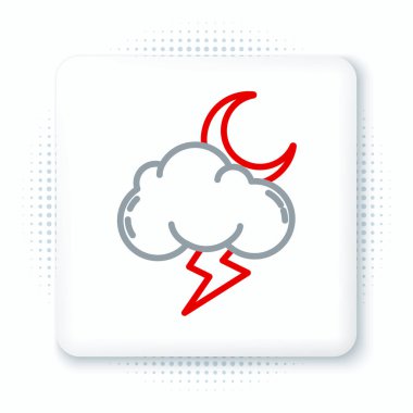 Hat Storm simgesi beyaz arkaplanda izole edildi. Şimşek ve ay işareti olan bir bulut. Fırtınanın hava durumu ikonu. Renkli taslak konsepti. Vektör.