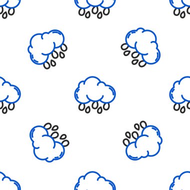 Yağmur ikonuna sahip çizgi bulutu beyaz arka planda izole edilmiş pürüzsüz desen. Yağmur damlaları ile yağmur bulutu yağışı. Renkli taslak konsepti. Vektör.