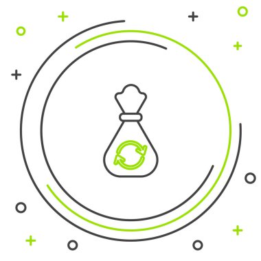 Beyaz arkaplanda geri dönüşüm sembolü olan çöp torbası. Çöp kutusu simgesi. Geri dönüşüm sepeti işareti. Renkli taslak konsepti. Vektör.