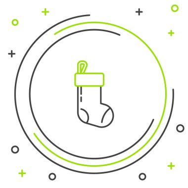 Beyaz arka planda izole edilmiş çizgi Noel çorabı ikonu. Mutlu Noeller ve mutlu yıllar. Renkli taslak konsepti. Vektör.