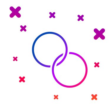 Renkli alyans simgesi beyaz arkaplanda izole edildi. Gelin ve damat mücevher tabelası. Evlilik sembolü. Elmas yüzük. Kademeli rastgele dinamik şekiller. Vektör.