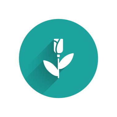 Beyaz Gül ikonu uzun gölgeli izole edilmiş. Yeşil daire düğmesi. Vektör.