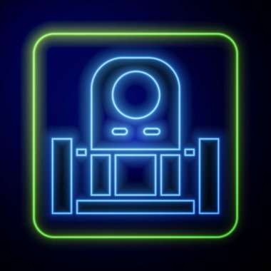 Mavi arka planda izole edilmiş mezar taşı simgesi ile parlayan neon mezarları. Vektör.