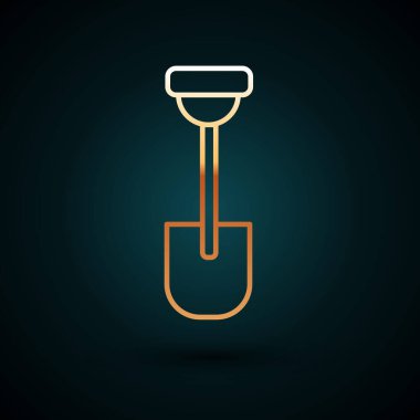 Altın çizgili kürek simgesi koyu mavi arkaplanda izole edilmiş. Bahçe aletleri. Bahçecilik, tarım, çiftçilik aleti. Vektör.