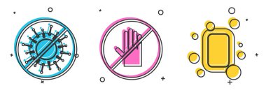 Set Dur virüsü, tokalaşma yok ve sabun simgesi. Vektör.