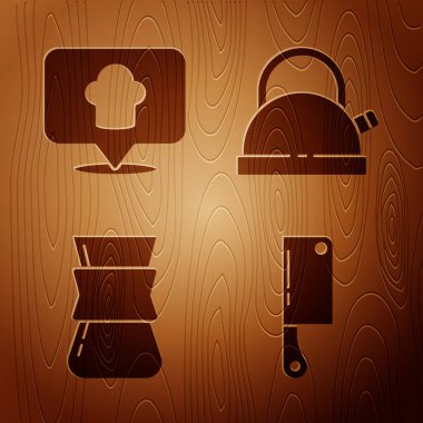 Meat Chopper 'ı ayarlayın, yeri olan Şef şapkası, Türk kahvesi ve ahşap arka planda sapı olan Kettle. Vektör.